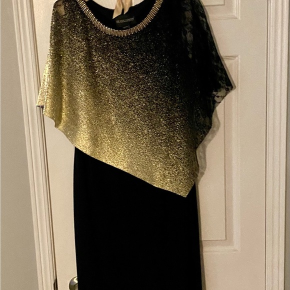 Black knee length dress with gold asymmetrical overlay - Picture 2 of 3